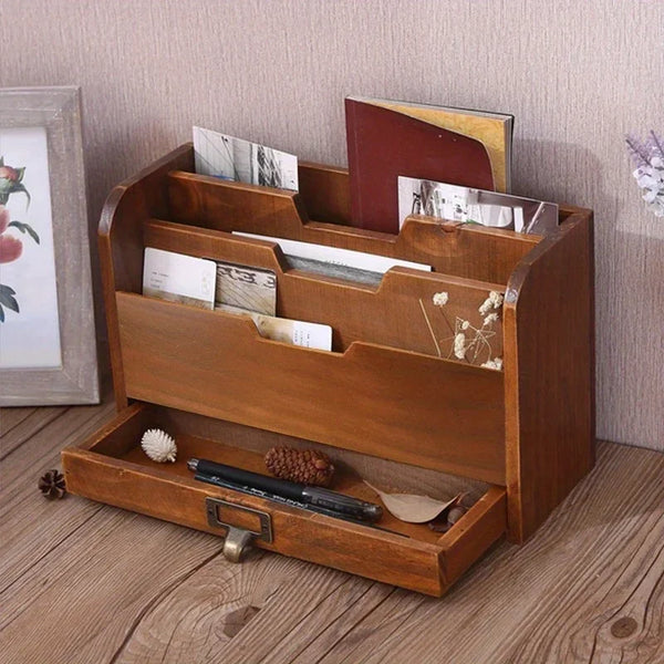 Vintage Wooden Desktop Storage Box | Multipurpose Drawer Organizer