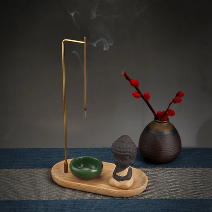 Creative Ceramic Little Monk Incense Burner Set Brass Smoke Backflow Incense Holder with Wooden Incense Tray Ceramic Ash Catcher