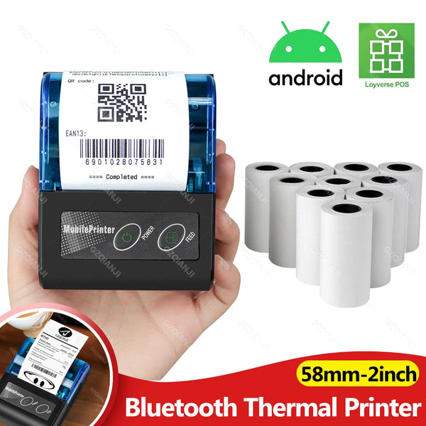 Portable Mini Thermal Printer 2 inch Bluetooth USB Receipt Bill Ticket Printer with 58x30mm Print Paper for Restaurant Android